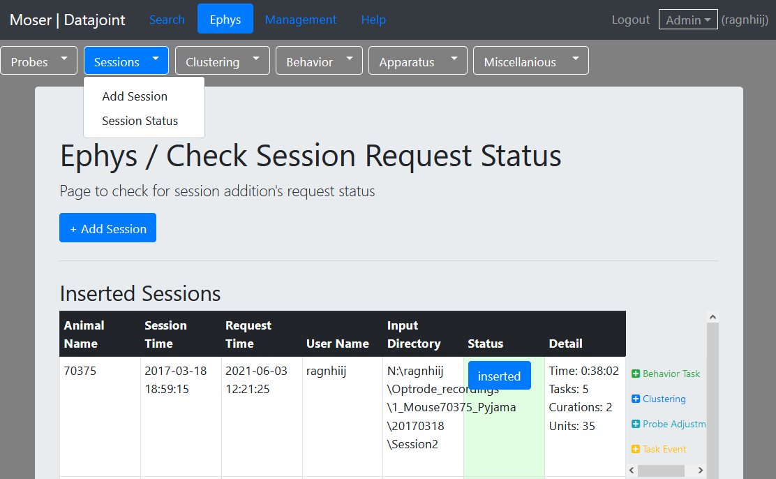 Session Status page